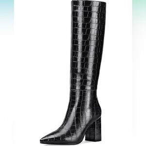 NWOT Knee High Boots Faux Crocodile Tall Long Gogo Pointed Toe Block Heel Chunky